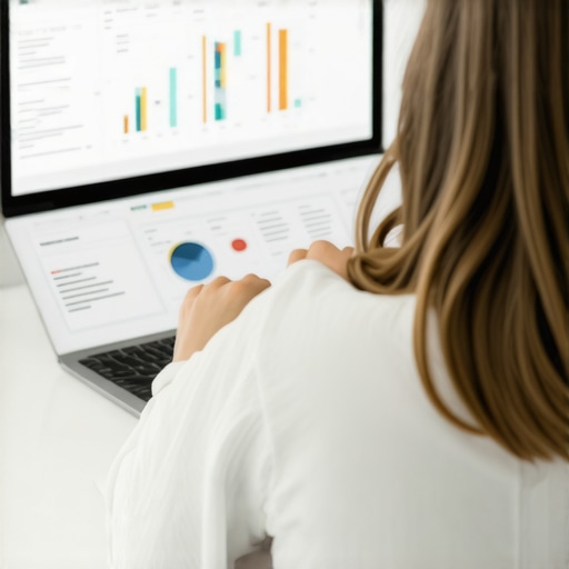 Person analyzing SEO data and keywords on a laptop in an office