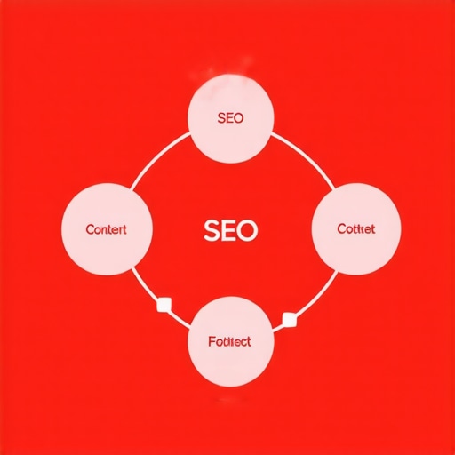 Flowchart showing SEO steps including keyword research, content creation, technical optimization, and analytics.