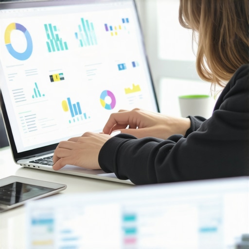 Person reviewing SEO analytics on a laptop screen with charts and graphs