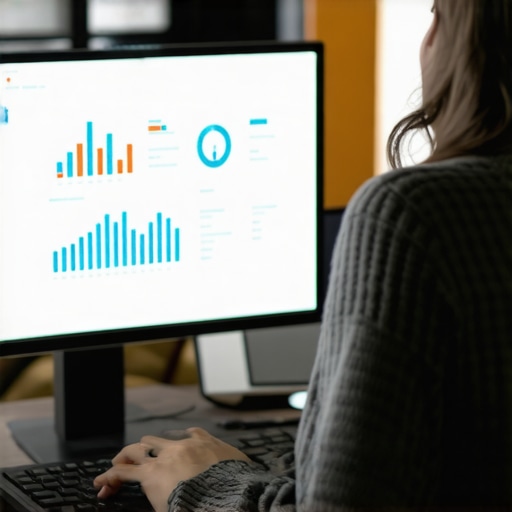 Person studying SEO analytics on a screen with graphs and keywords.