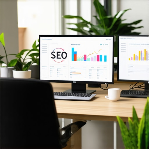 Scandinavian office with computer screens showing SEO analytics and strategy diagrams.