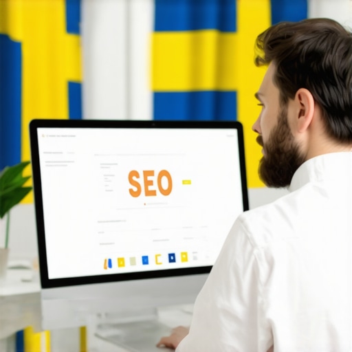 A person reviewing Swedish SEO data on a computer with Swedish flags in the background.