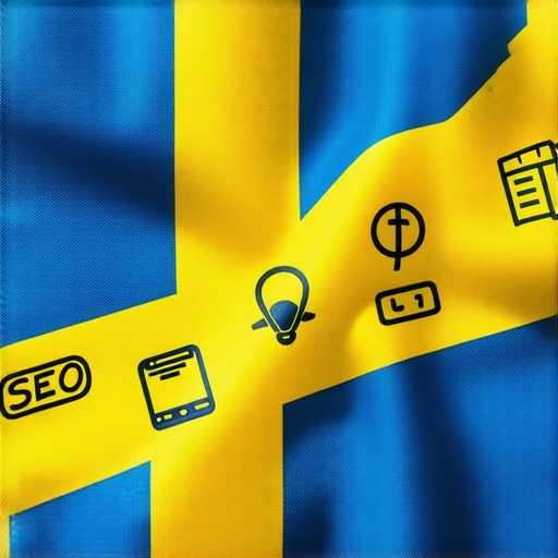 Swedish flag with digital symbols representing SEO and local search
