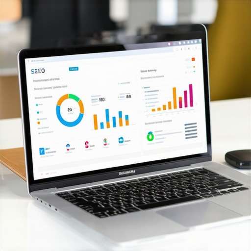 Laptop analyzing SEO keywords in a Swedish office environment