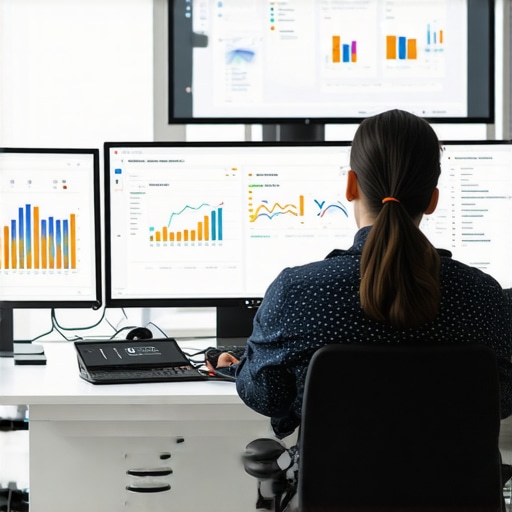 Person reviewing SEO performance metrics on multiple monitors