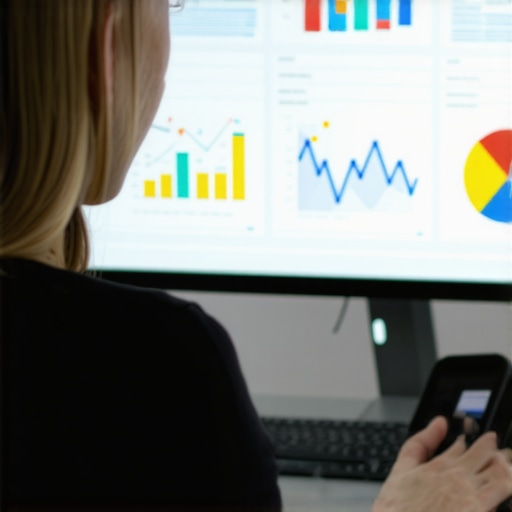 Person examining SEO analytics on a monitor with graphical data