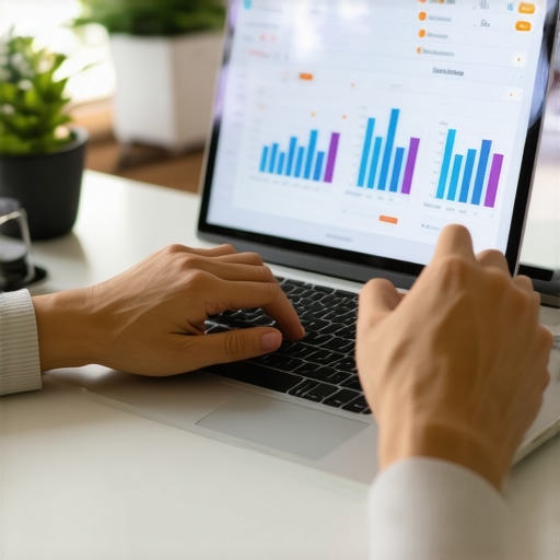 Person working on SEO analytics with charts illustrating progress and tools