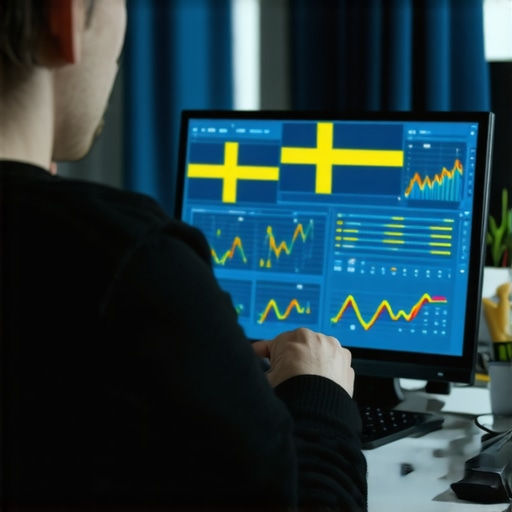 Person reviewing SEO analytics with Swedish flag icons and graphs