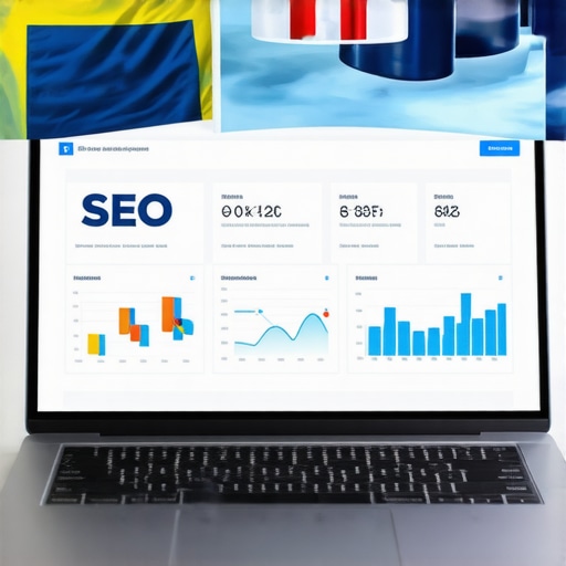 Laptop showing SEO analytics with Swedish flags and data charts.