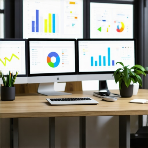 A workspace with multiple screens displaying SEO analytics and tools.