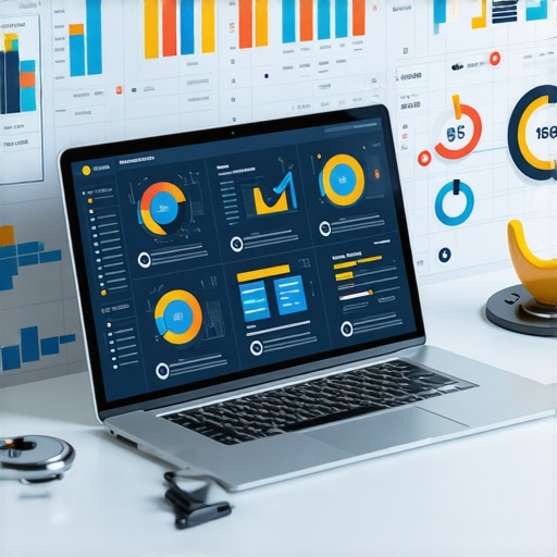 Laptop displaying SEO analytics with data graphs and icons