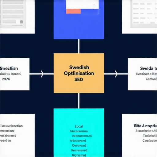 An infographic diagram showing steps for Swedish SEO optimization in 2026, including keywords, site structure, local SEO, technical fixes, and content.