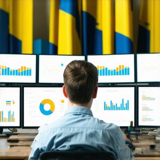 A professional analyzing SEO performance metrics on computer screens with Swedish flags in the background.