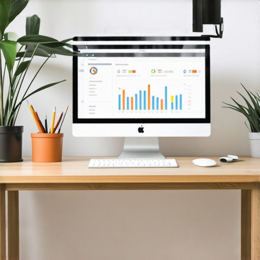 A Scandinavian-style office with monitors displaying SEO analytics and tools.