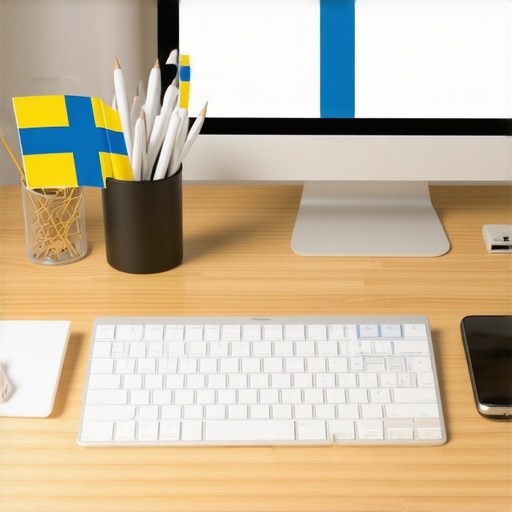 A workspace setup with SEO tools, Swedish flag elements, and a computer displaying SEO analytics